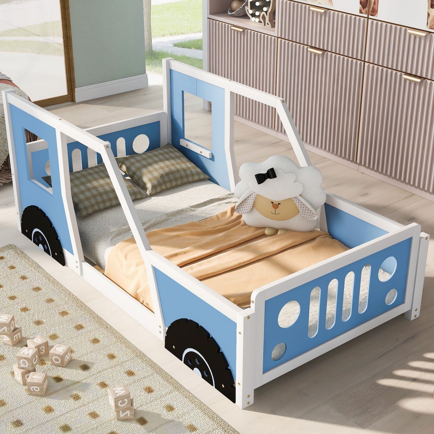 Classic car shaped platform bed with wheels in blue and white for kids on Tampa Home & Garden Store