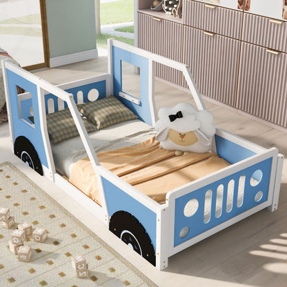 Classic car shaped platform bed with wheels in blue and white for kids on Tampa Home & Garden Store