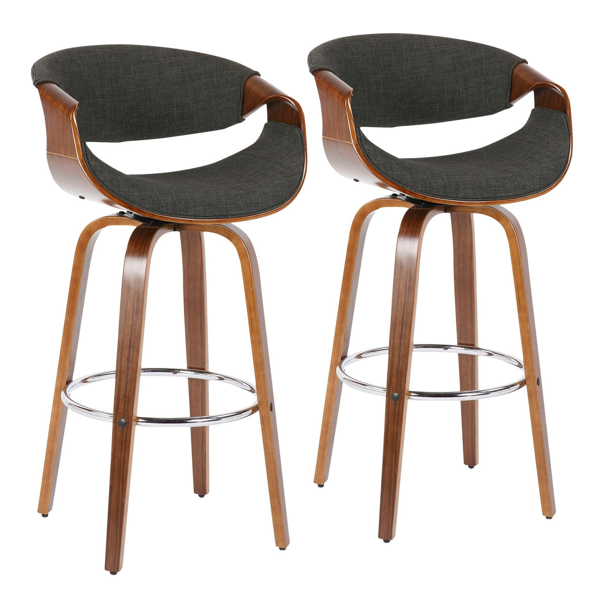 Mid-Century Modern Swivel Barstool Set with walnut frames and dark gray fabric cushions, 2 stools on Tampa Home & Garden Store