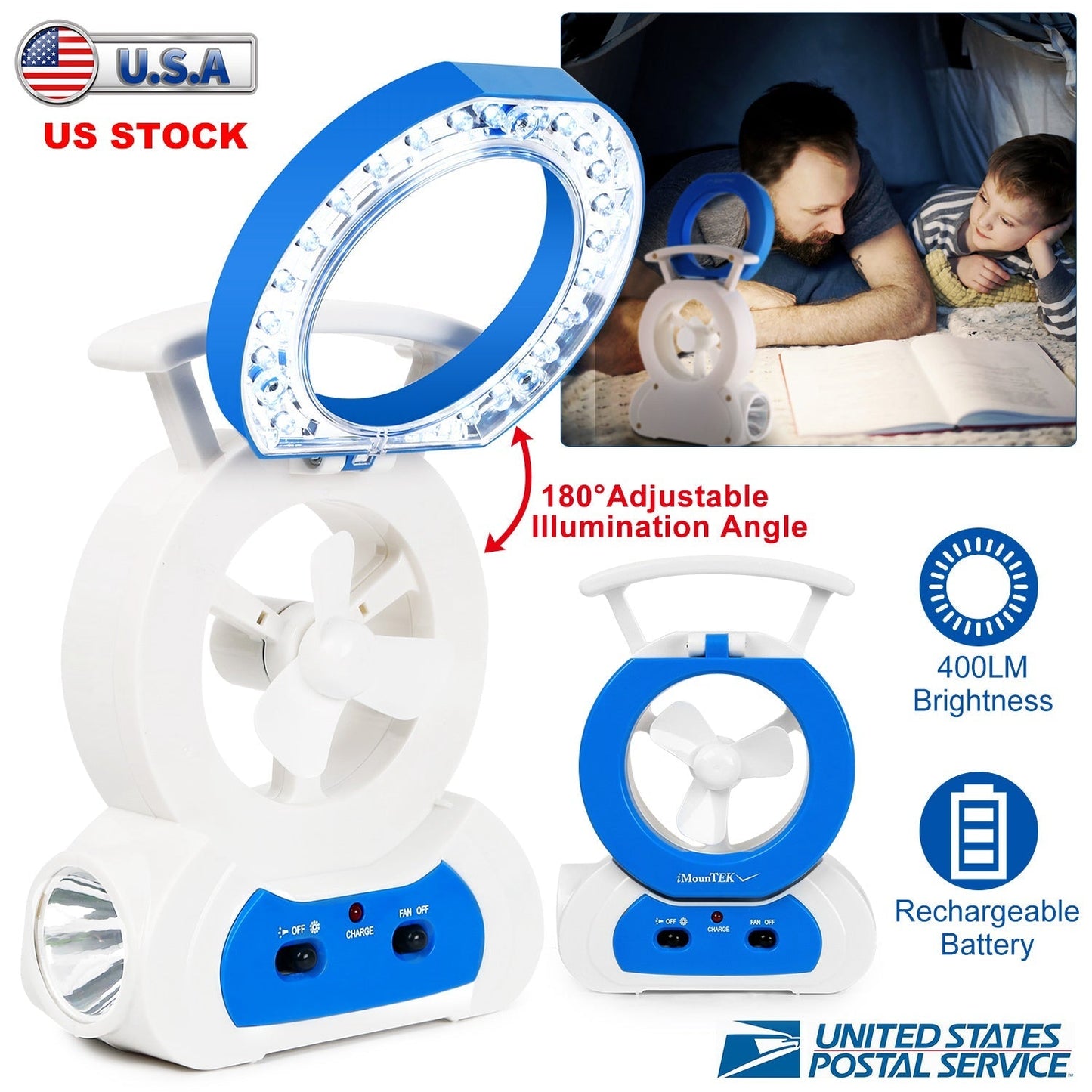 GemGear desk cooling fan with 180° adjustable LED lamp, blue ring, rechargeable battery on Tampa Home & Garden Store