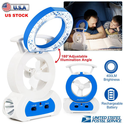 GemGear desk cooling fan with 180° adjustable LED lamp, blue ring, rechargeable battery on Tampa Home & Garden Store