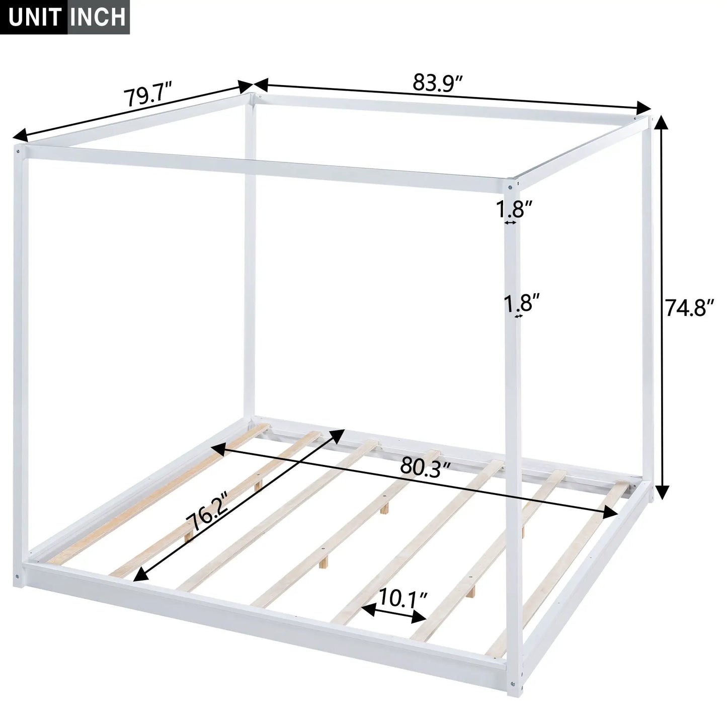 Canopy bed frame in white metal with airflow slats and wood slat platform, support legs on Tampa Home & Garden Store