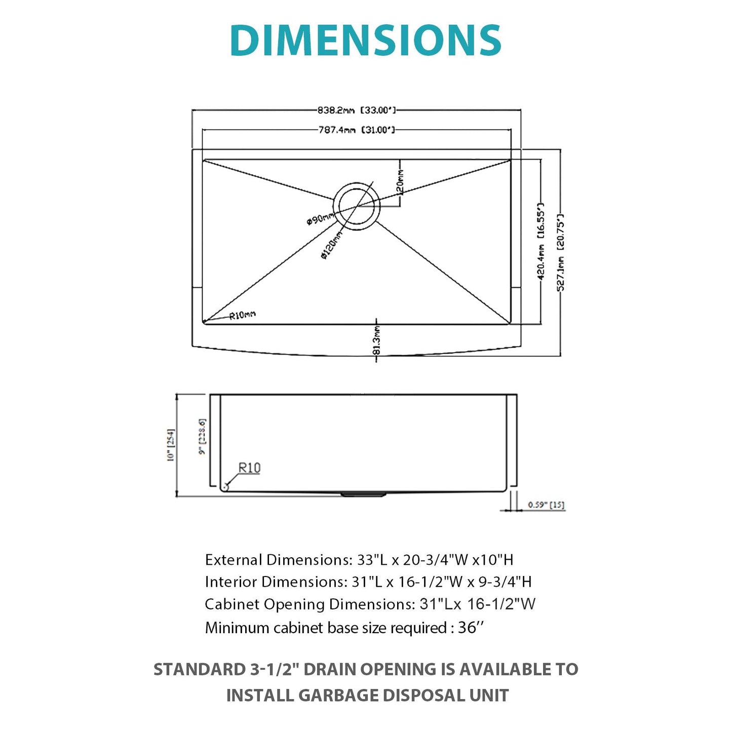 Farmhouse apron-front undermount sink by HouseOfZazla blueprint with 33L x 20-3/4W x 10H dims on Tampa Home & Garden Store