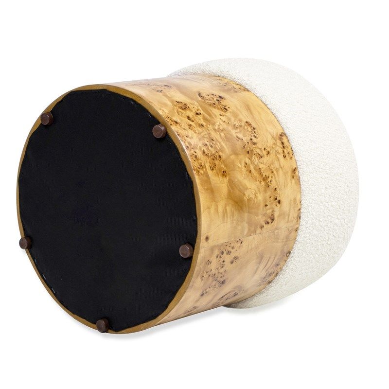 Round upholstered ottoman with white boucle texture and natural wood veneer on Tampa Home & Garden Store