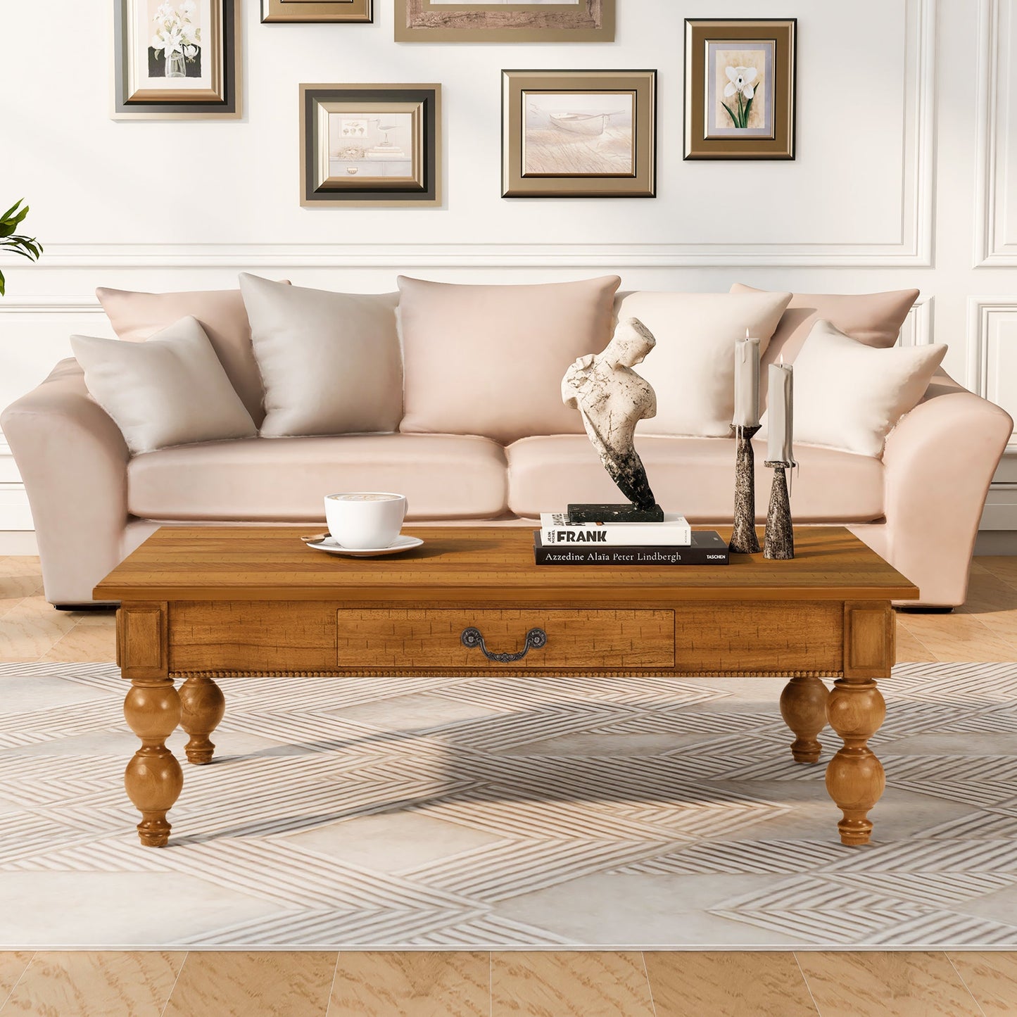 Rectangular oak coffee table with storage drawer and turned legs blush sofa and books on Tampa Home & Garden Store