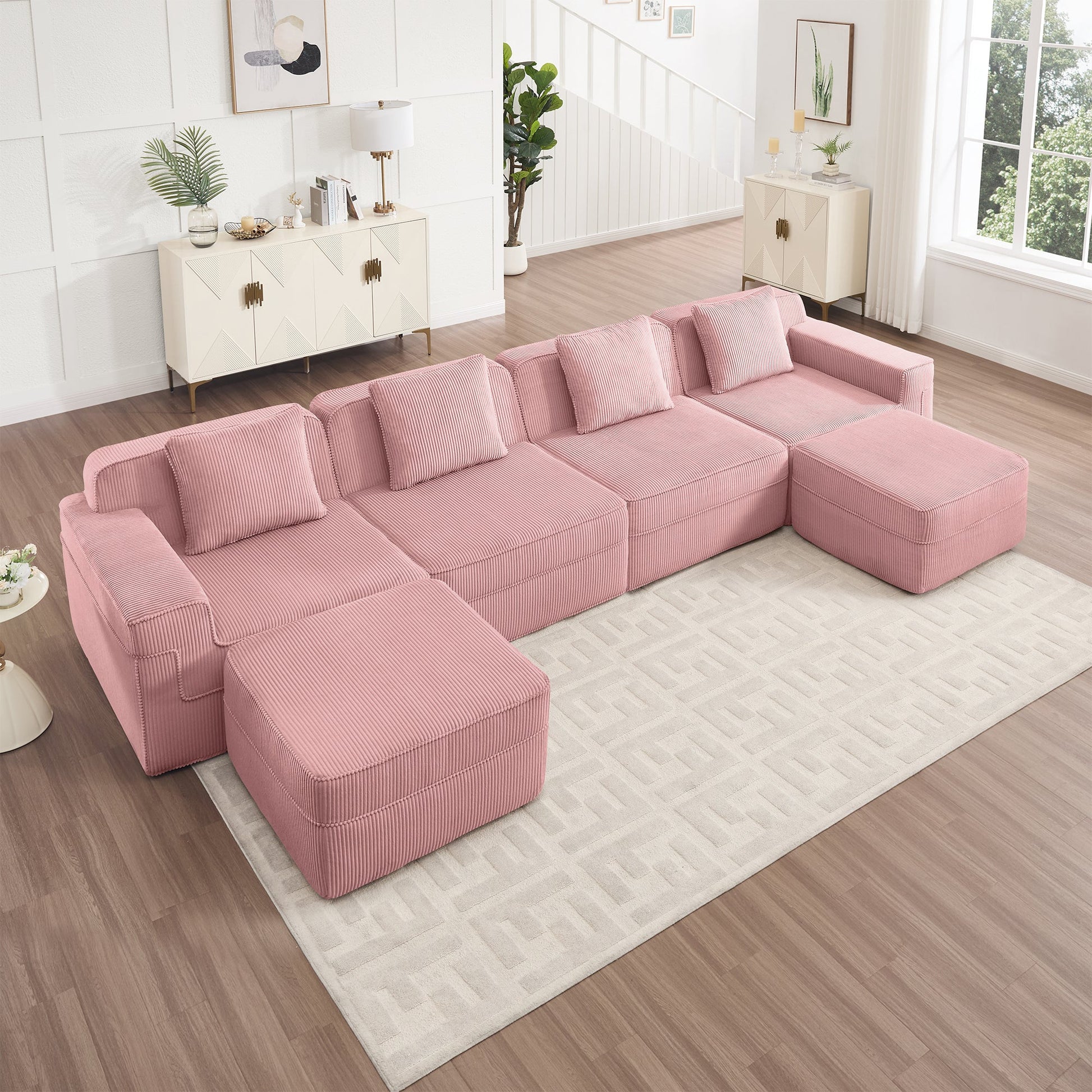 Modular 4 Seat U Shape Sectional Boneless Sofa in pink ribbed fabric by HouseOfZazla on Tampa Home & Garden Store