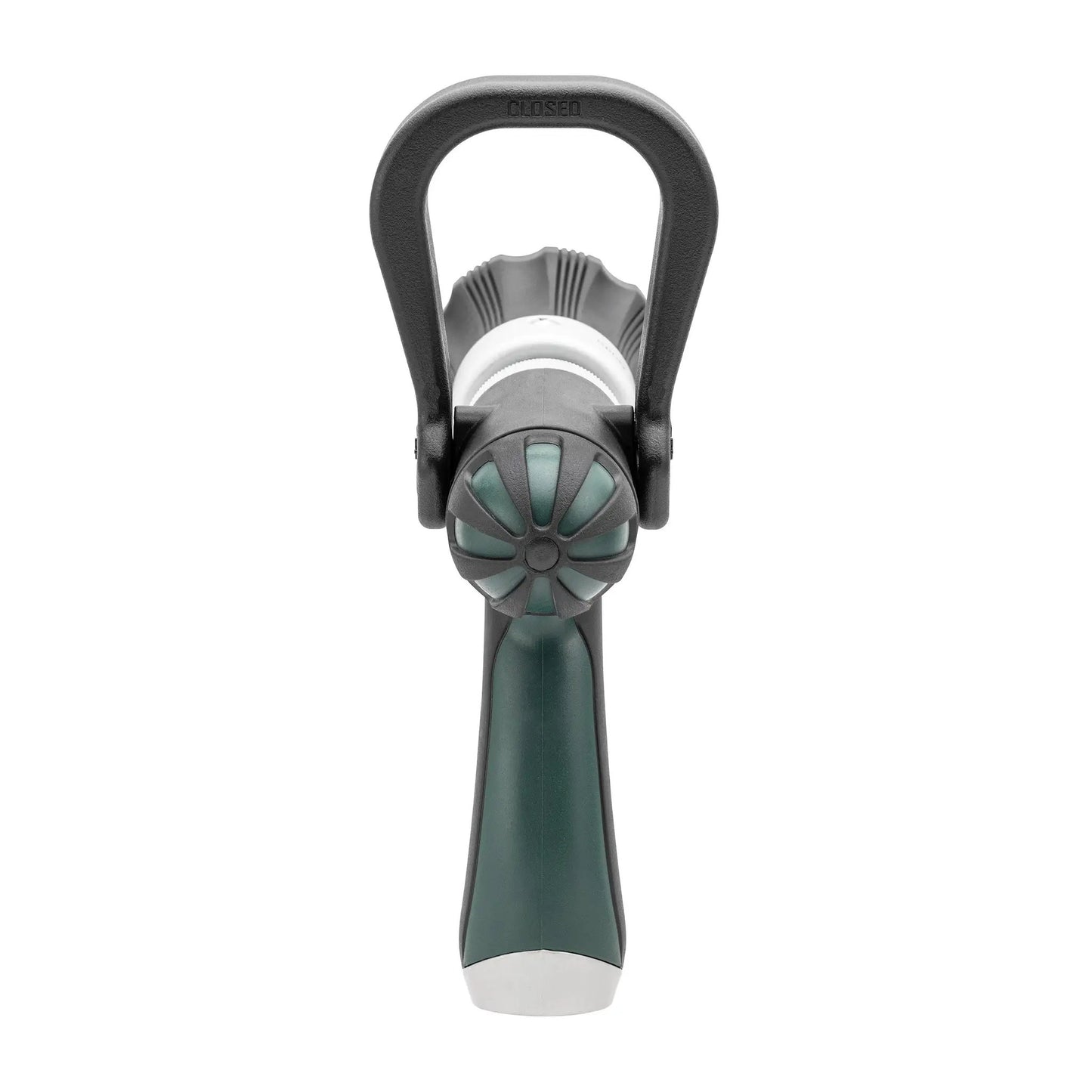 XL Stream Fire Hose Nozzle adjustable; black U-shaped handle with green body on Tampa Home & Garden Store