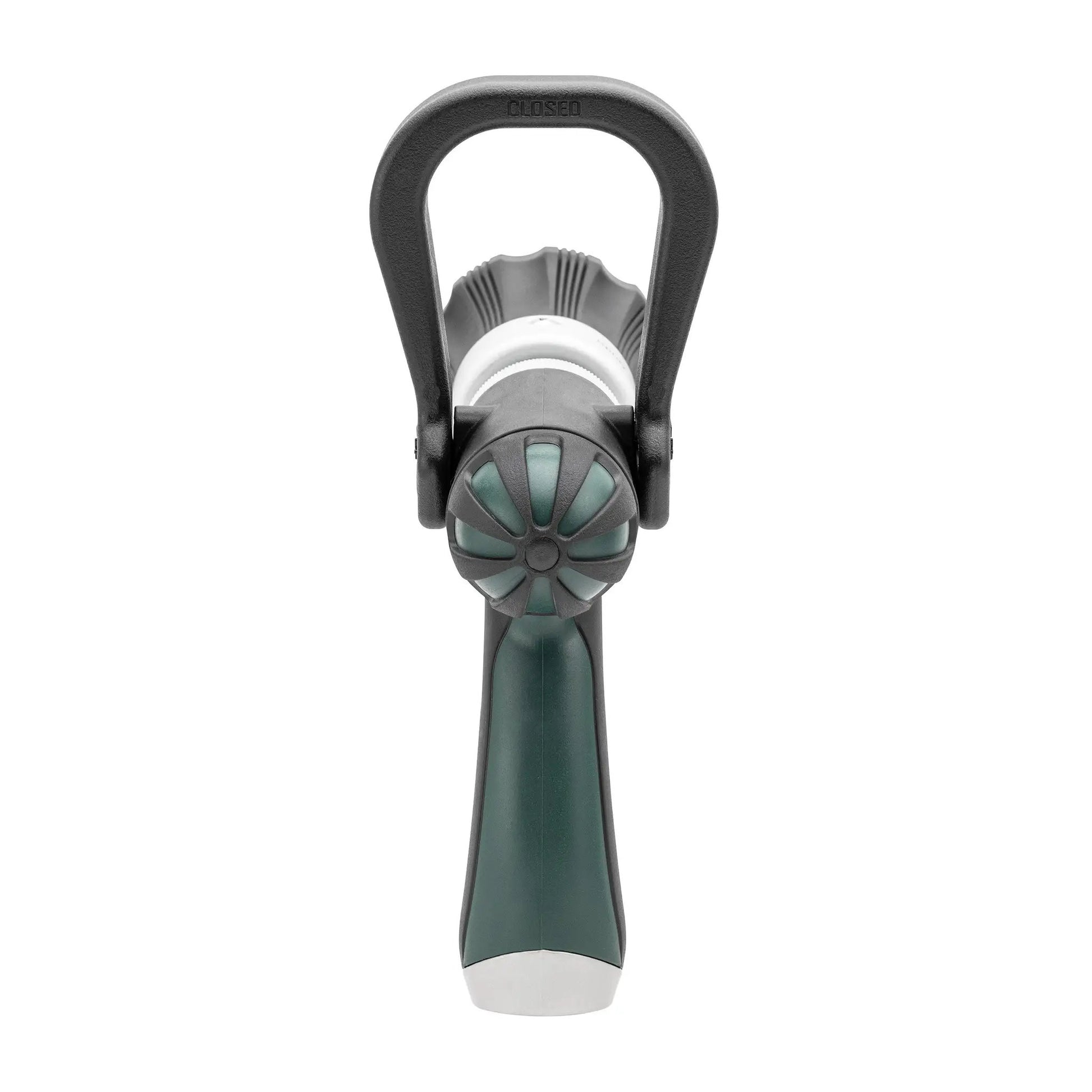 XL Stream Fire Hose Nozzle adjustable; black U-shaped handle with green body on Tampa Home & Garden Store