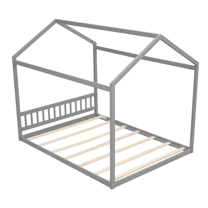 Wooden House Bed With Headboard gray canopy frame with posts and light wood slats on Tampa Home & Garden Store