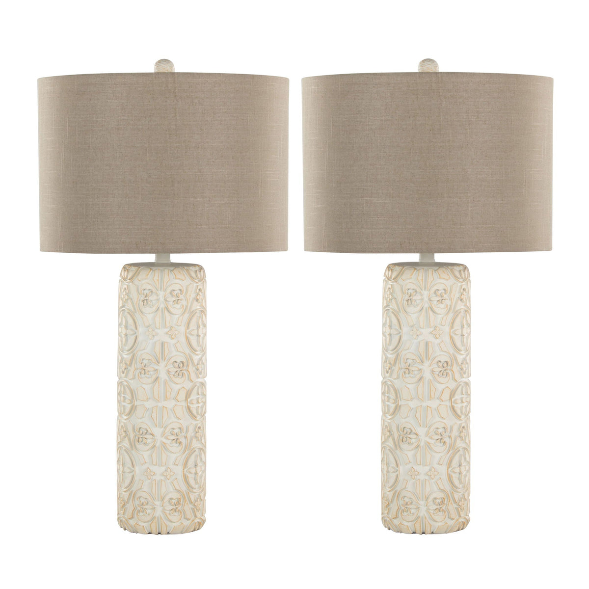 Charlotte lamp set of 2 with Taos beige linen shades and carved ceramic bases HouseOfZazla on Tampa Home & Garden Store