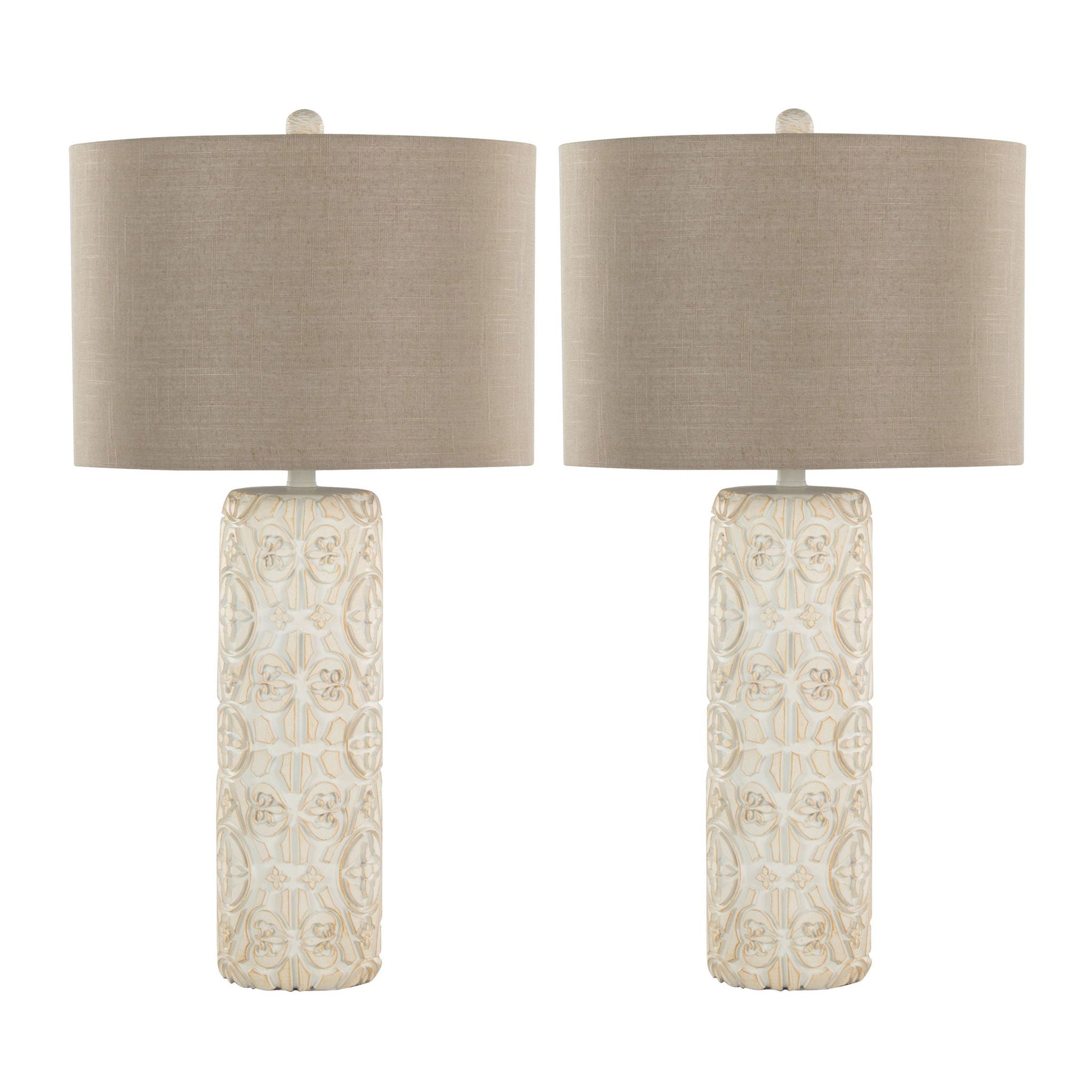 Charlotte lamp set of 2 with Taos beige linen shades and carved ceramic bases HouseOfZazla on Tampa Home & Garden Store