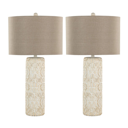 Charlotte lamp set of 2 with Taos beige linen shades and carved ceramic bases HouseOfZazla on Tampa Home & Garden Store