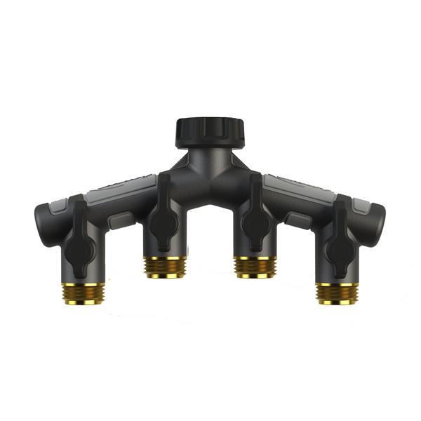 Metal hose manifold with shut-offs four-outlet Orbit Irrigation dark gray with brass outlets on Tampa Home & Garden Store