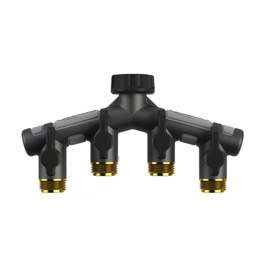 Metal hose manifold with shut-offs four-outlet Orbit Irrigation dark gray with brass outlets on Tampa Home & Garden Store