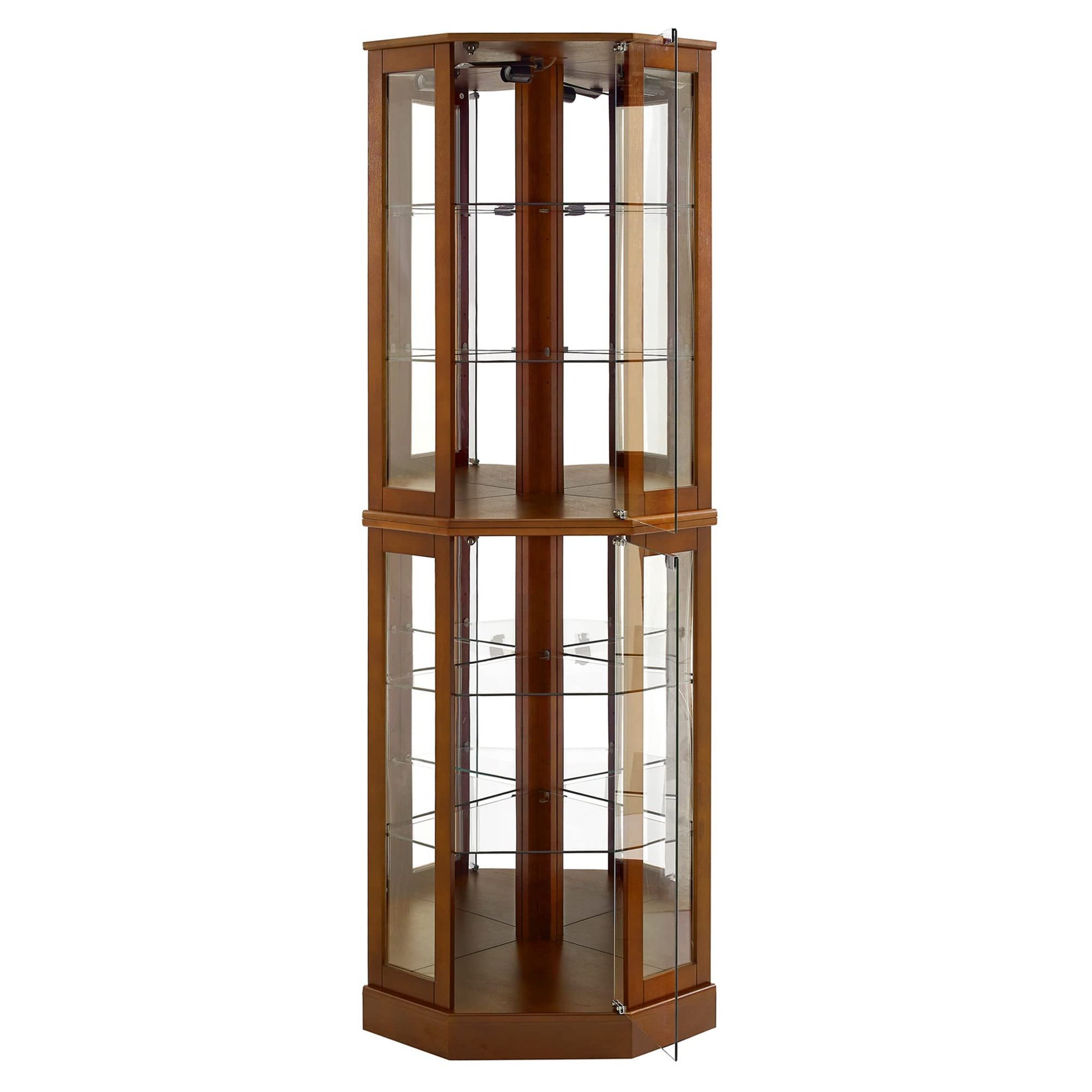 6-shelf corner curio cabinet with lights, glass doors and adjustable shelves in wood finish on Tampa Home & Garden Store