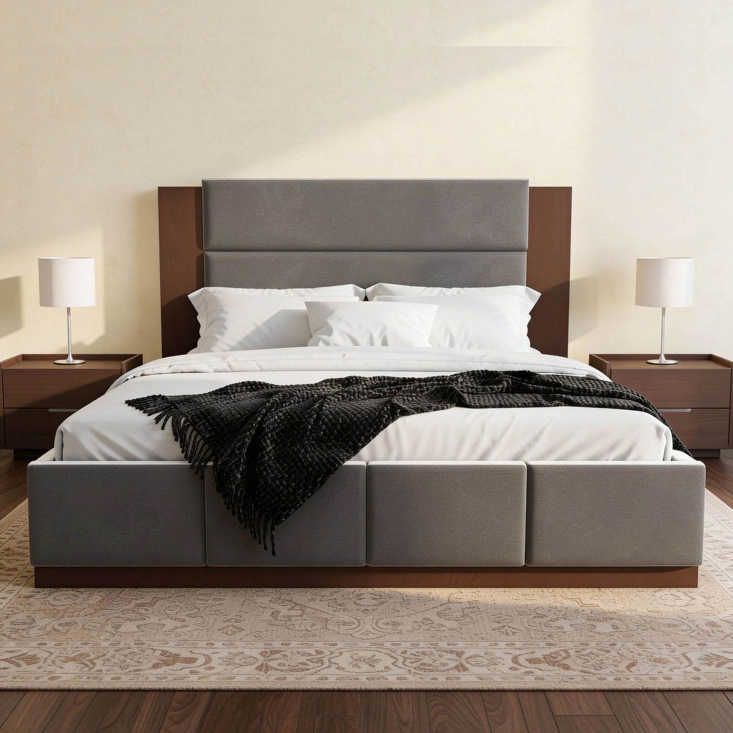 Modern upholstered platform bed with extended gray headboard and a pair of nightstands on Tampa Home & Garden Store