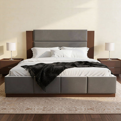 Modern upholstered platform bed with extended gray headboard and a pair of nightstands on Tampa Home & Garden Store