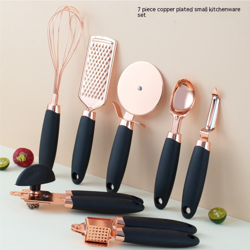 Perfecsy copper-plated 7-piece kitchenware set with black handles including whisk and grater on Tampa Home & Garden Store