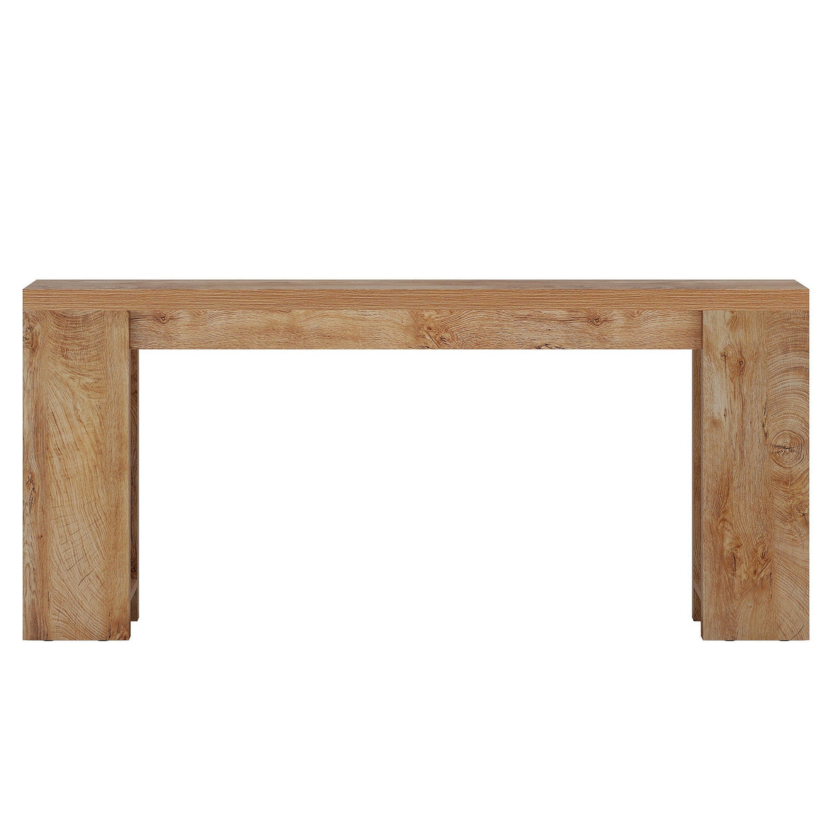 Farmhouse console table, extra long, solid wood construction, light brown finish with thick block legs on Tampa Home & Garden Store