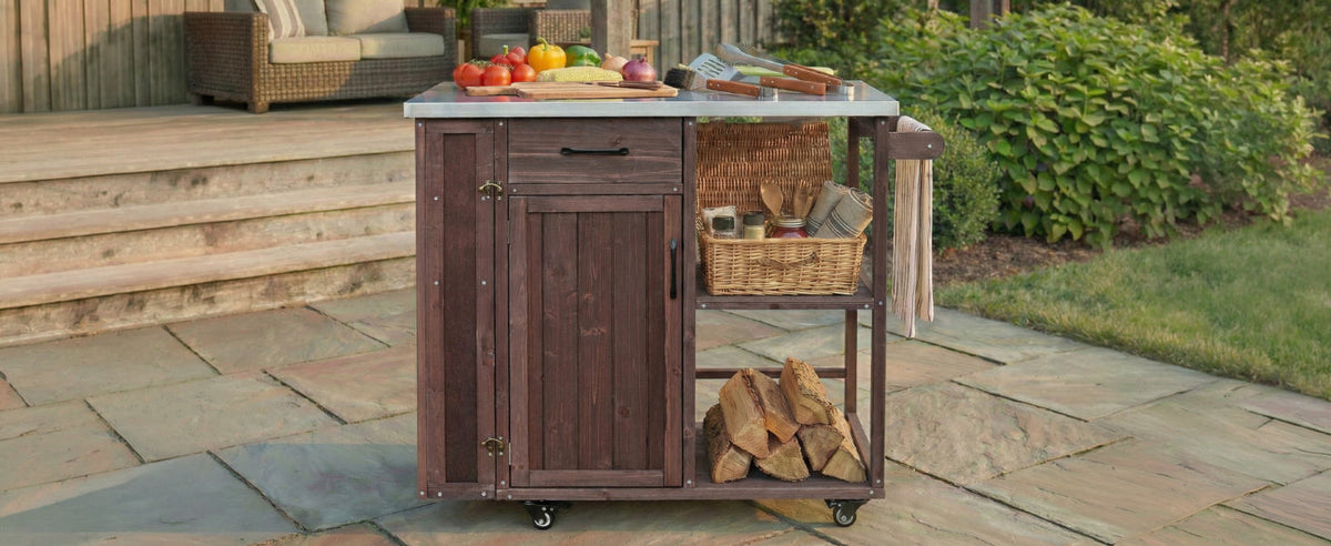 Outdoor Kitchen Island Fir Wood Prep Station with dark wood and metal top on Tampa Home & Garden Store