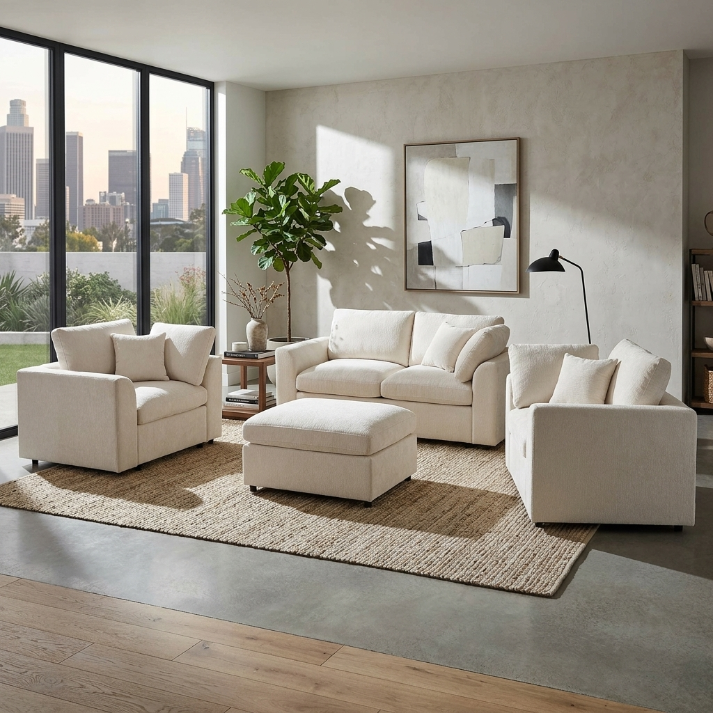 U-Style 4-Piece Sofa Set in cream-beige fabric with loveseat, 2 chairs, movable ottoman on Tampa Home & Garden Store