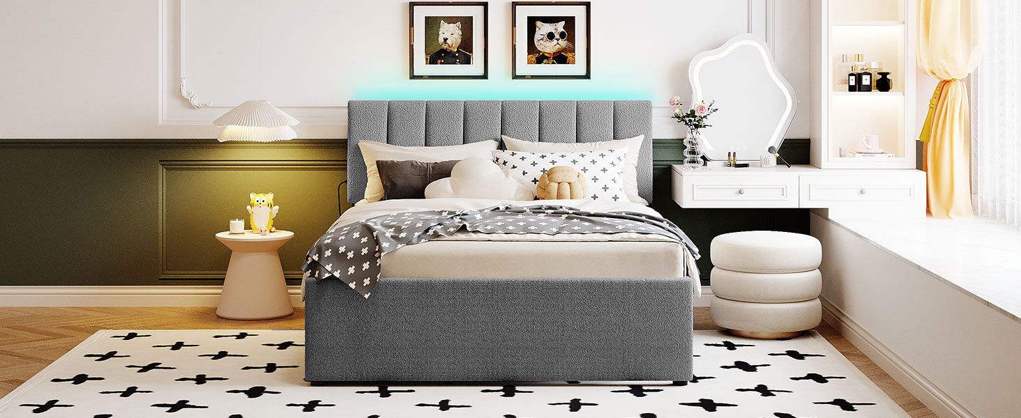 Upholstered Platform Bed with Trundle in gray fabric, HouseOfZazla brand on Tampa Home & Garden Store
