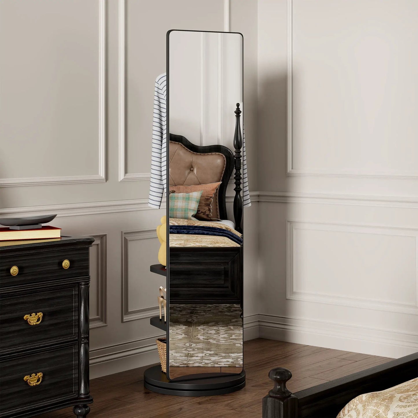 3 in 1 full-length clothing mirror with black frame and storage shelves on Tampa Home & Garden Store