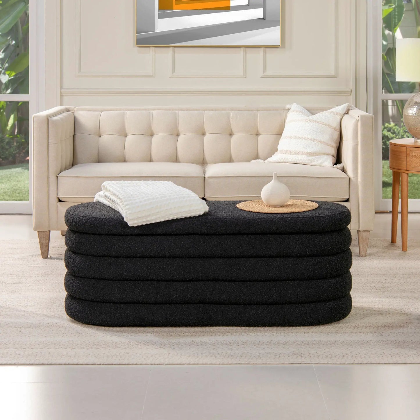 Fuji upholstered oval storage bench beige fabric by Unique Piece Furniture in a lounge on Tampa Home & Garden Store