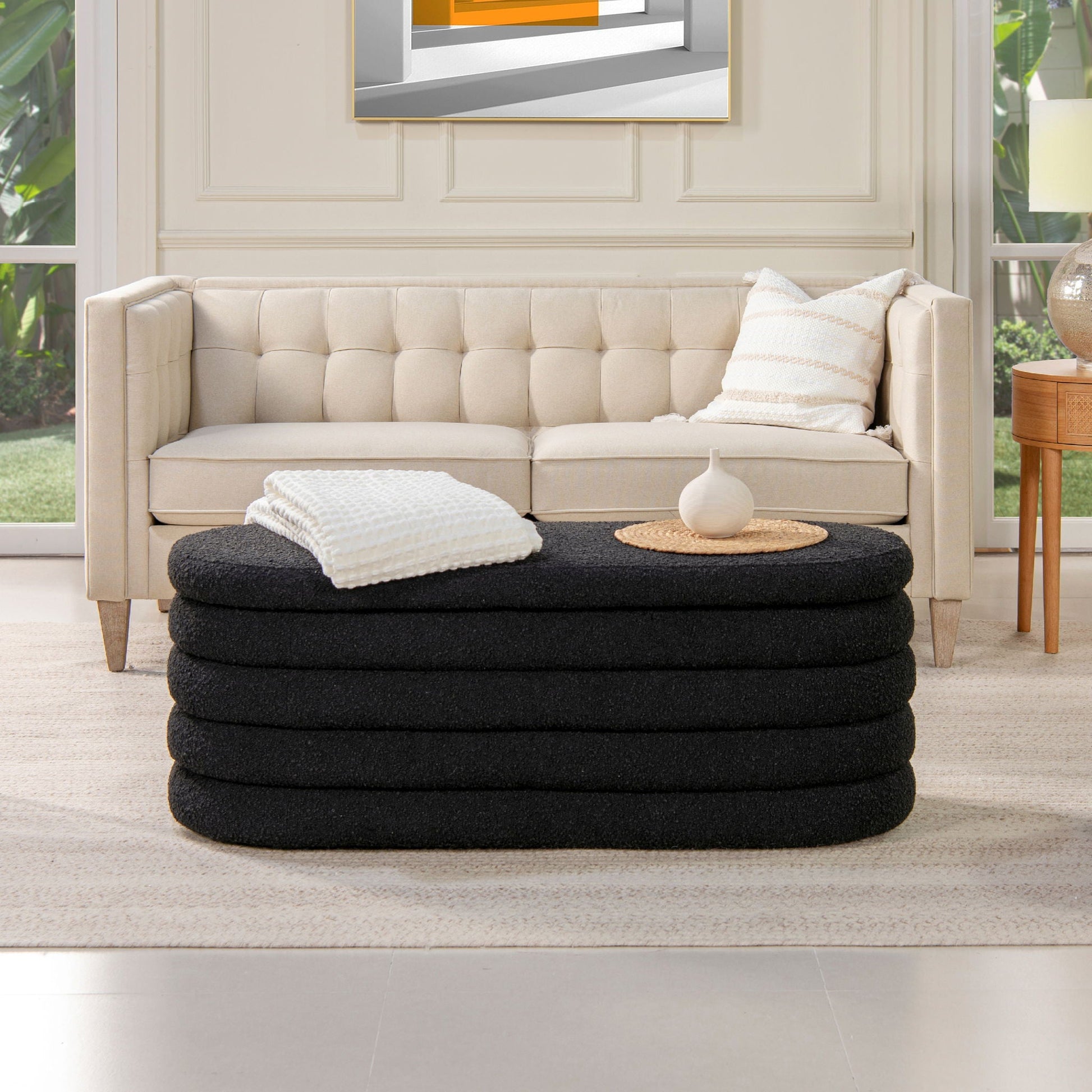 Fuji Upholstered Oval Storage Bench beige fabric, tufted cushions; three black ottomans on Tampa Home & Garden Store