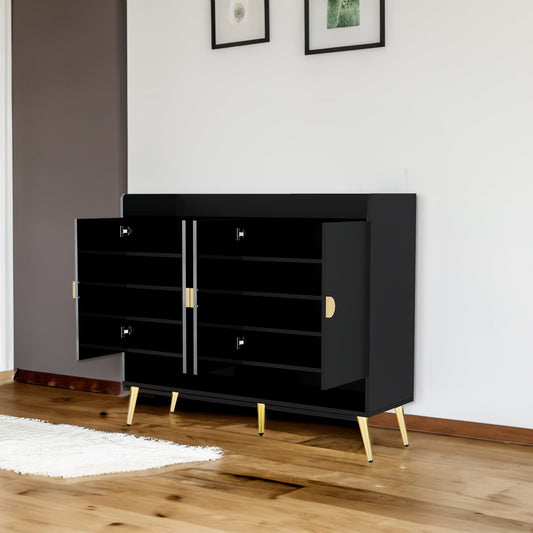 U-Can 11-Tier Shoe Cabinet with Doors, black glossy finish, gold legs on Tampa Home & Garden Store