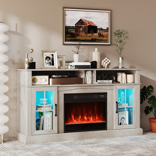58 Inch Fireplace TV Stand with LED Lights with Storage Cabinets and Glass Doors - Tampa Home & Garden Store