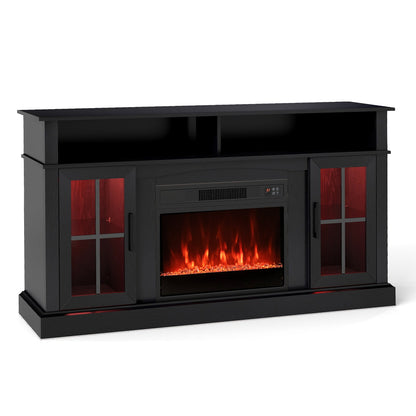 58 Inch Fireplace TV Stand with LED Lights with Storage Cabinets and Glass Doors