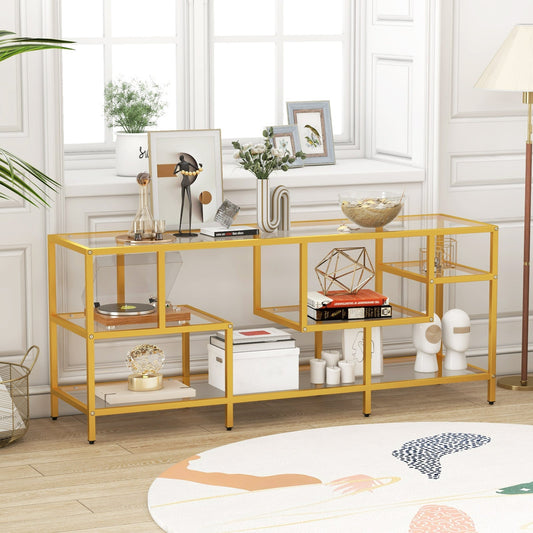 58 Inch TV Console Table with Tempered Glass Shelves for Living Room-Gold - Tampa Home & Garden Store