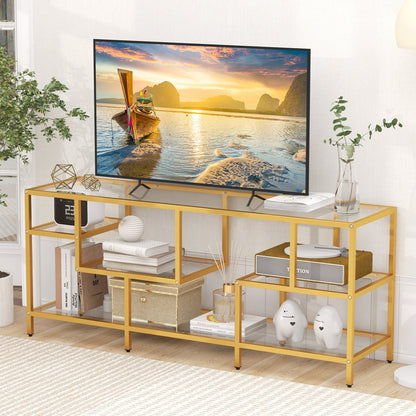 Mueble de TV de 58 pulgadas con estantes de cristal templado para sala de estar - Dorado