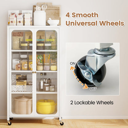 58 Inches Bookcase with Adjustable Shelves and Lockable Wheels-White