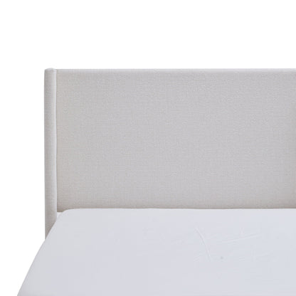 Hosford minimalist upholstered wingback bed headboard in light gray fabric with wood base on Tampa Home & Garden Store