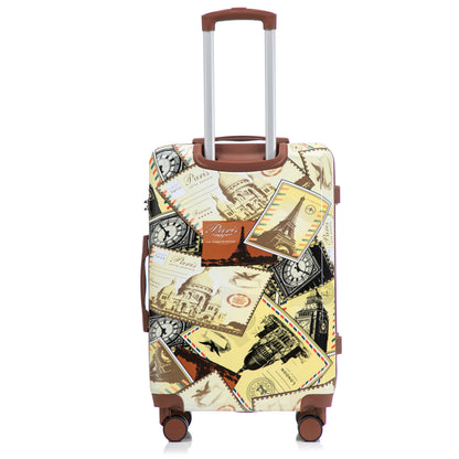 3-Piece PC Spinner Luggage Set with Printed Pattern featuring travel stamps and Eiffel Tower motifs on Tampa Home & Garden Store