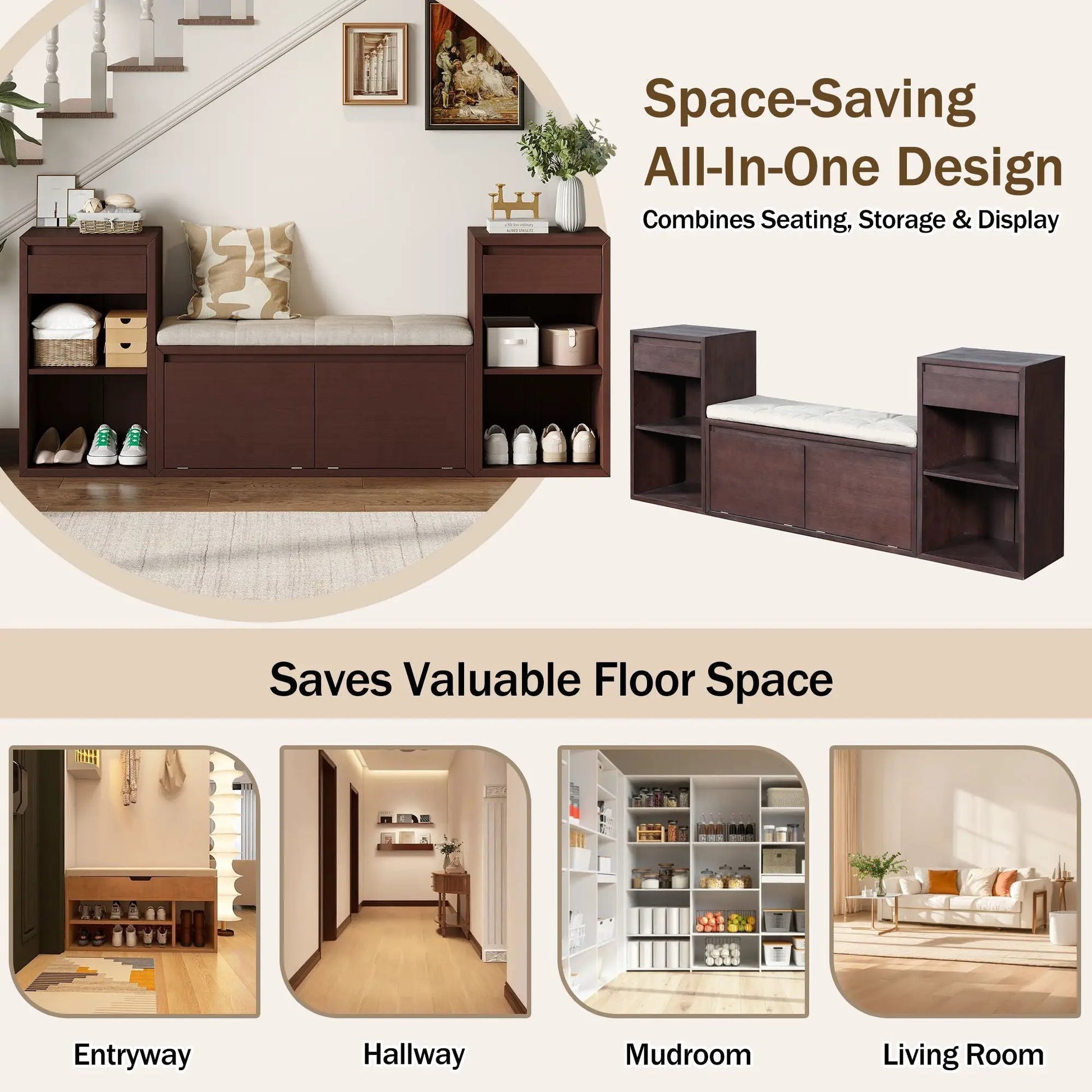Entryway Storage Bench With Cushion, Drawers & Open-Shelves by Unique Piece Furniture on Tampa Home & Garden Store