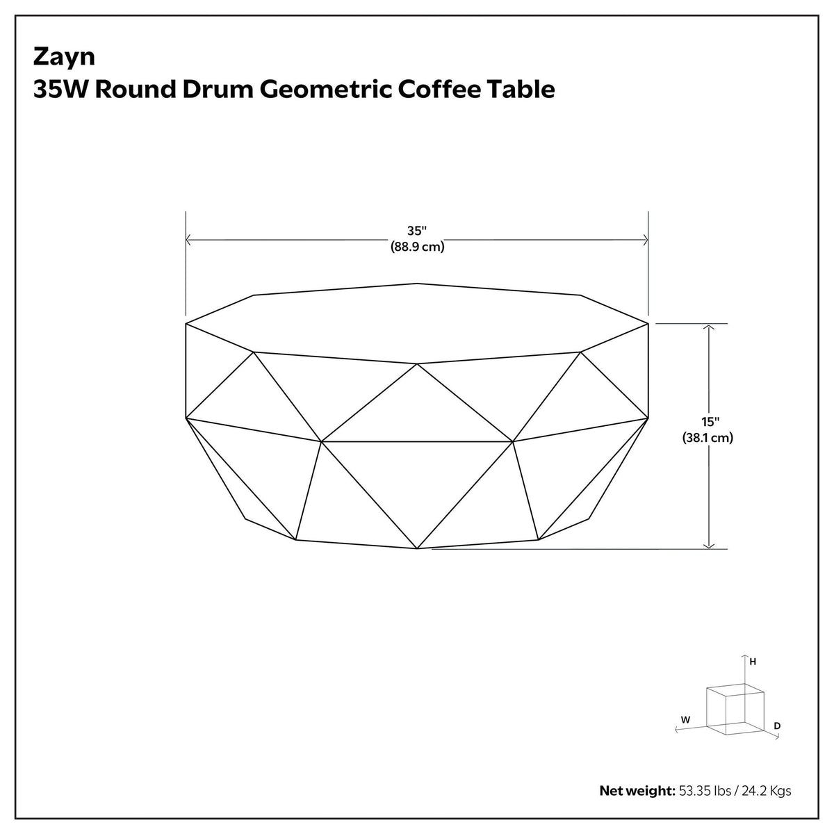 Zayn 35W Round Drum Geometric Coffee Table by HouseOfZazla; faceted drum, 35-in dia on Tampa Home & Garden Store
