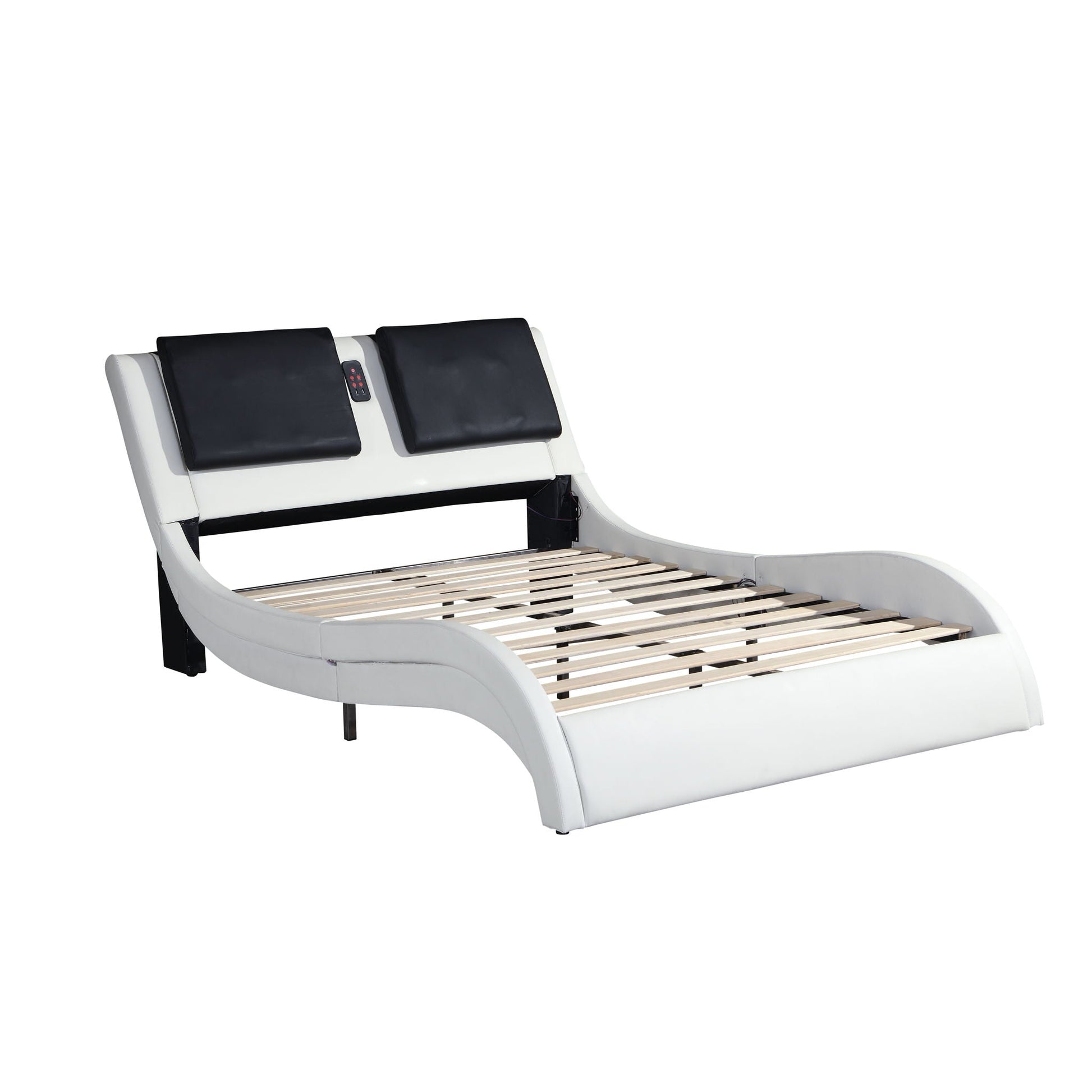 Platform bed frame in white upholstery with black headrest cushions and massage control remote on Tampa Home & Garden Store