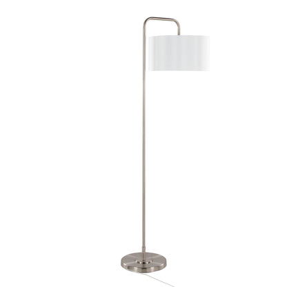 Puck contemporary floor lamp with curved brushed metal stem and white drum shade on Tampa Home & Garden Store