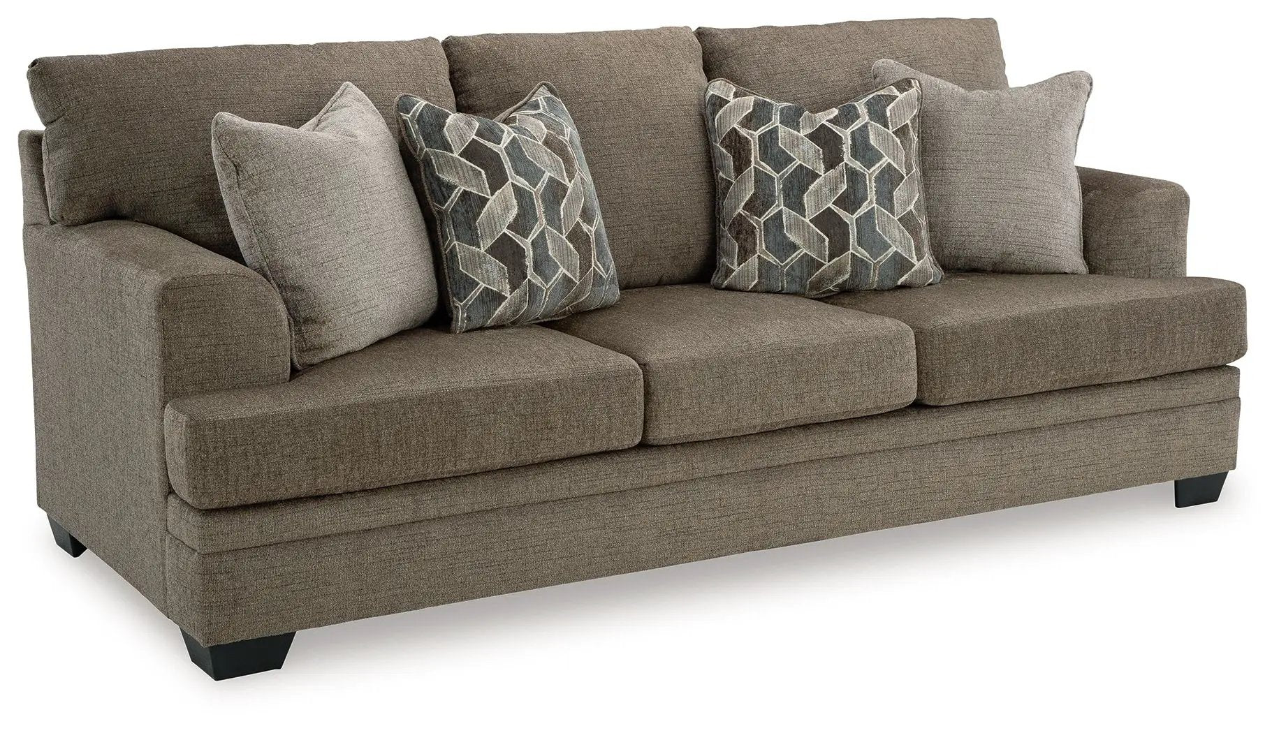 Stonemeade three-seat brown fabric sofa with geometric accent pillows by Unique Piece Furniture on Tampa Home & Garden Store