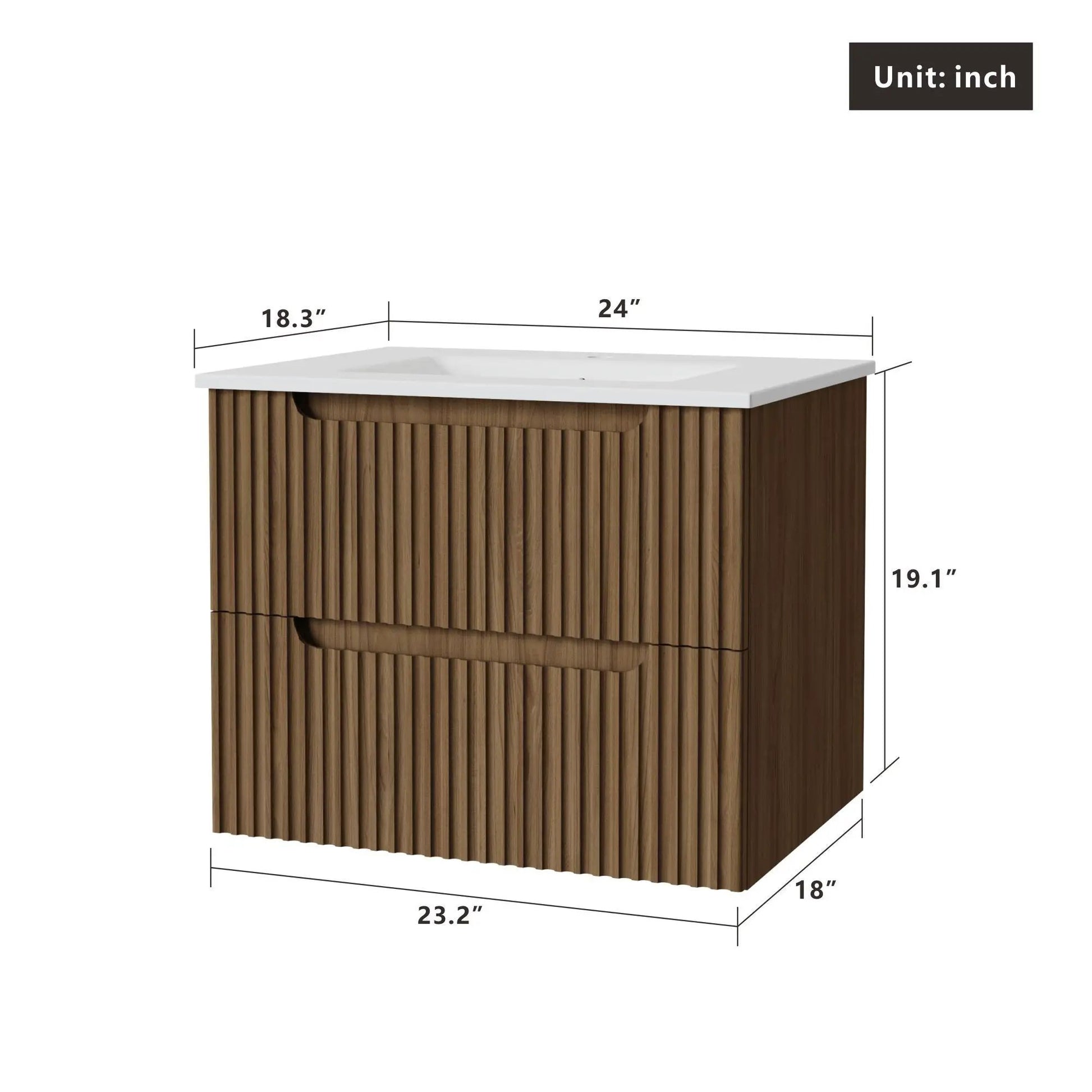 Wall mounted vanity with white countertop and wood slat cabinet 23.2in wide 18in deep on Tampa Home & Garden Store