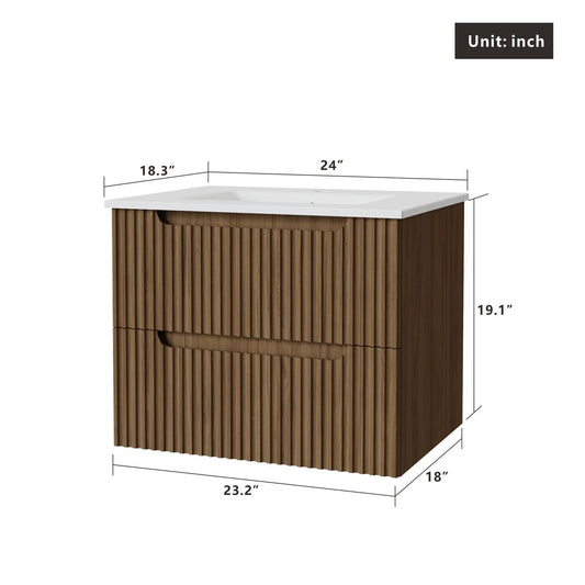 Wall mounted vanity with white countertop and wood slat cabinet 23.2in wide 18in deep on Tampa Home & Garden Store