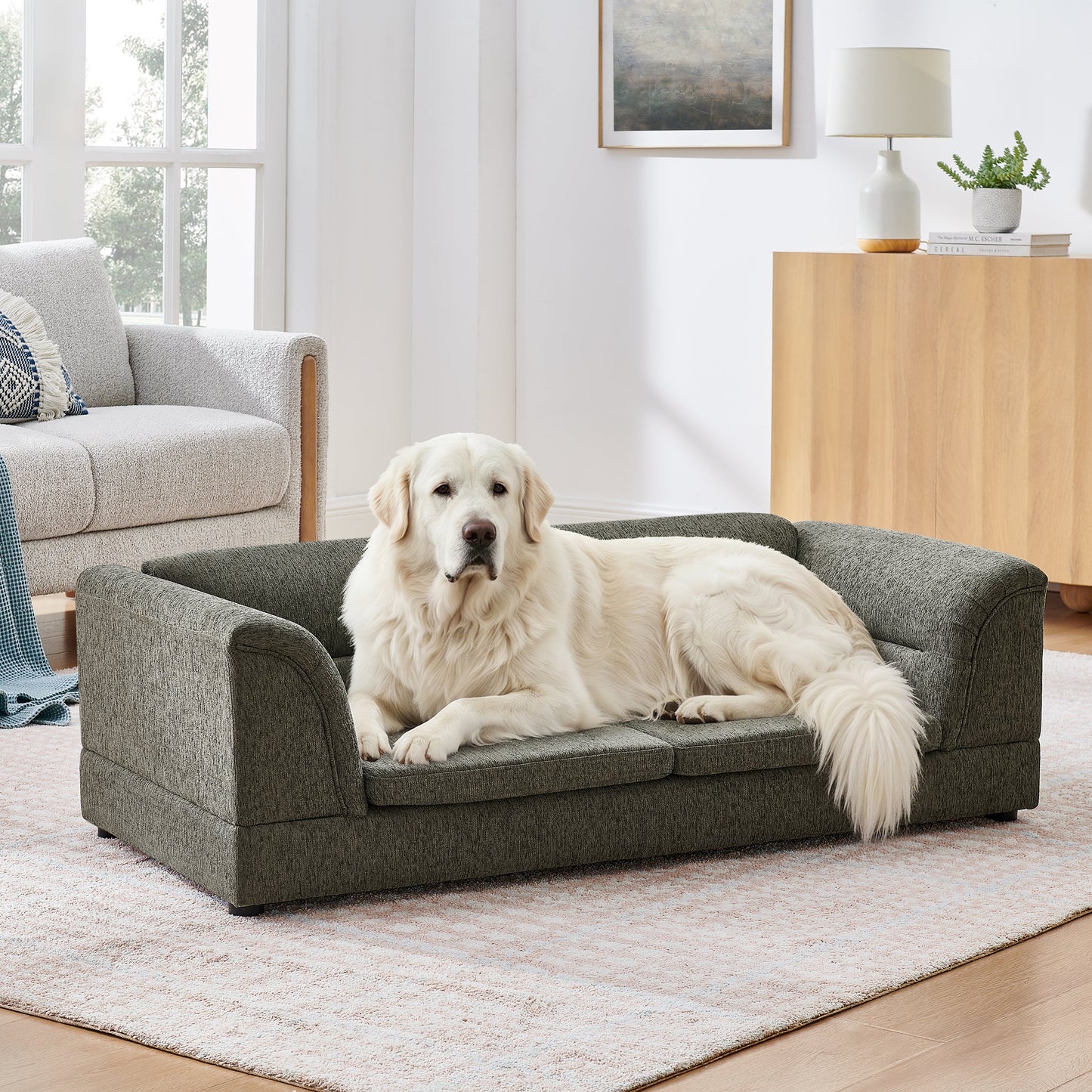 Oversized Pet Sofa Curved Armrest Rectangular Dog Sofa gray textured fabric for large dogs on Tampa Home & Garden Store