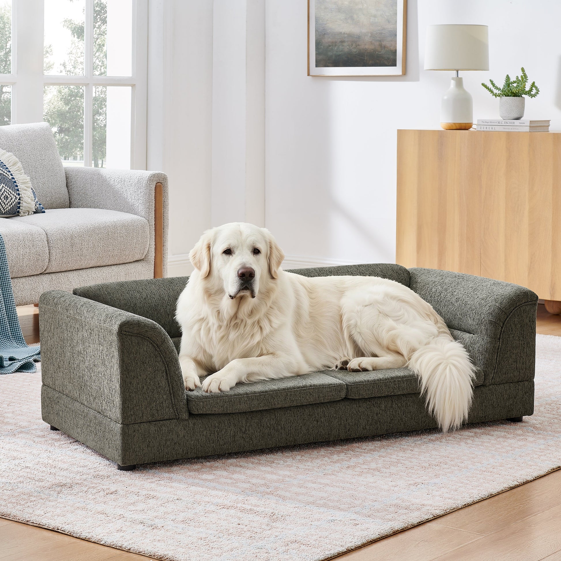 Oversized Pet Sofa Curved Armrest Rectangular Dog Sofa gray textured fabric for large dogs on Tampa Home & Garden Store