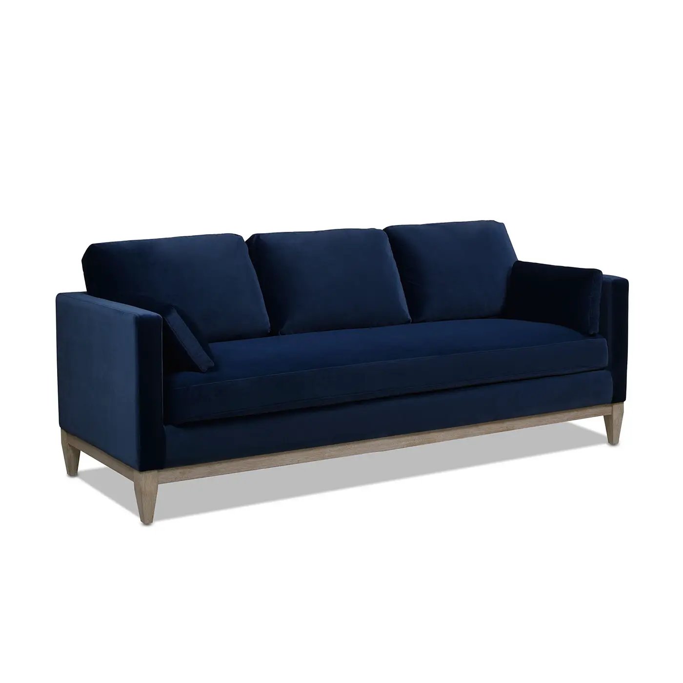 Knox Modern Farmhouse Sofa, navy blue velvet upholstery, light wood legs, stationary sofa on Tampa Home & Garden Store