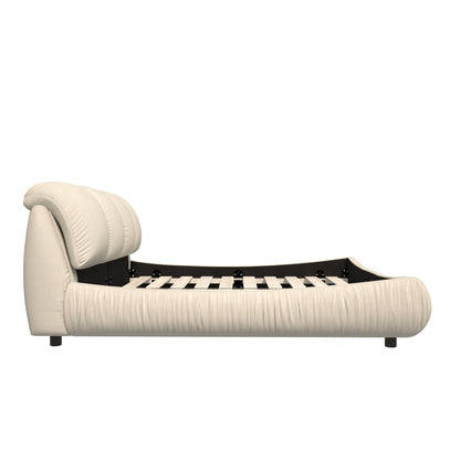 Upholstered platform bed with padded backrest in cream fabric and wood frame on Tampa Home & Garden Store