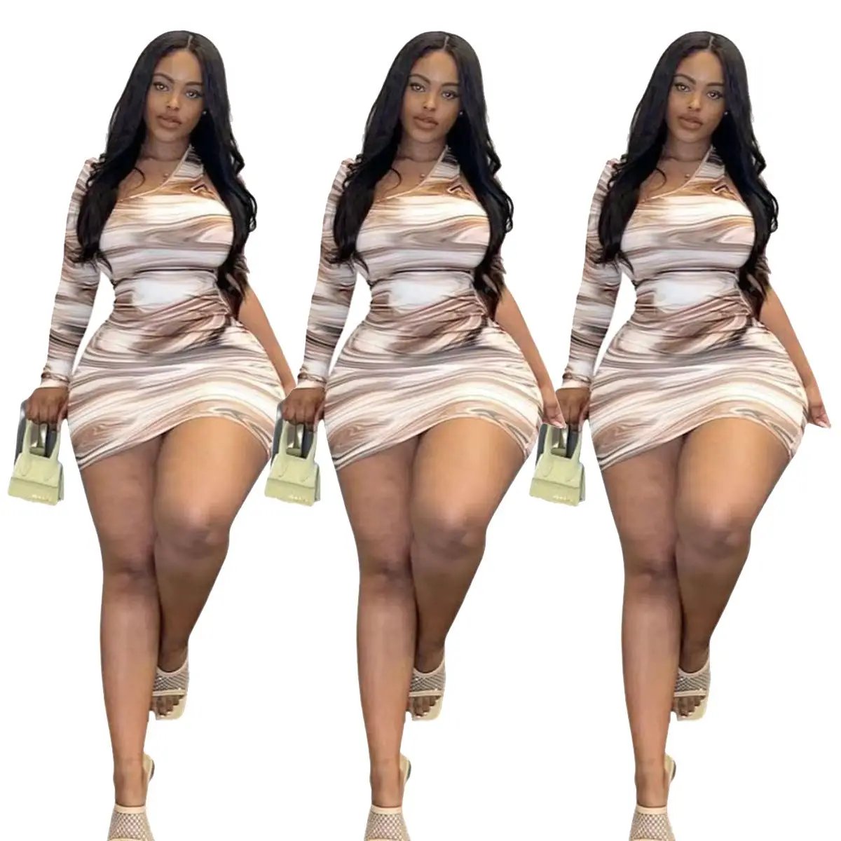 FLIPSTYLEZLLC white-brown woodgrain print long-sleeve mini dress, three poses on Tampa Home & Garden Store