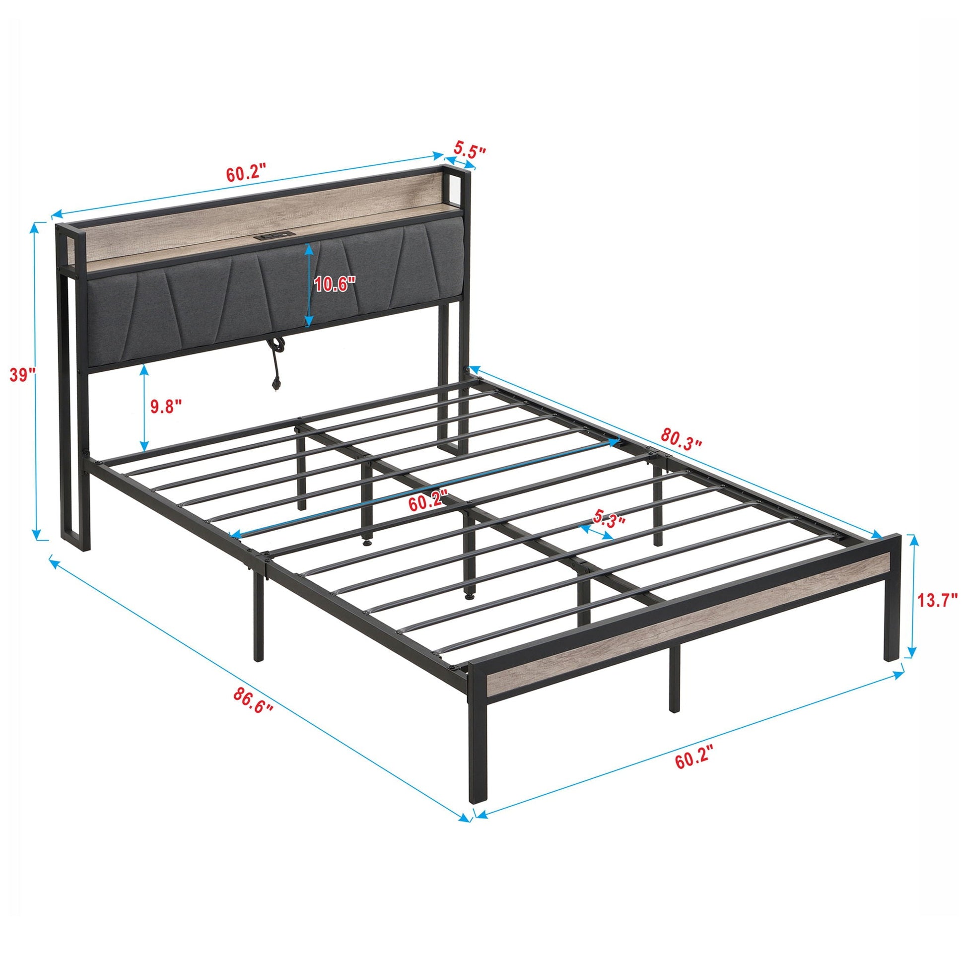 Modern bed frame with upholstered gray headboard featuring wood trim and black metal construction on Tampa Home & Garden Store